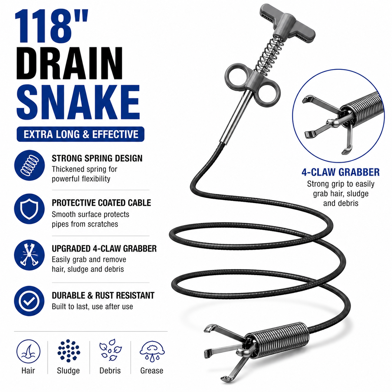 Drain Snake 4-Claw Drain Clog Remover Tool – Flexible Drain Cleaner & Gutter Cleaning Tool