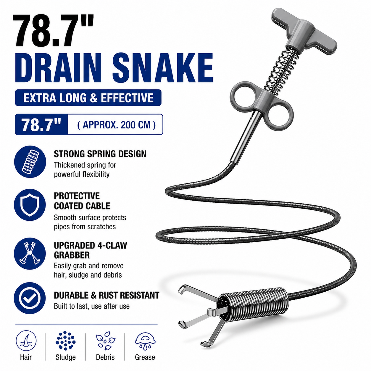 Drain Snake 4-Claw Drain Clog Remover Tool – Flexible Drain Cleaner & Gutter Cleaning Tool