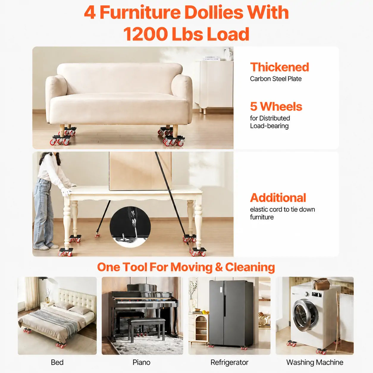 Furniture Dolly Set, Heavy Duty Furniture Movers with 5 x 360° Wheels, Carbon Steel Moving Sliders with Pry Bar for Sofa, Refrigerator, Washing Machine