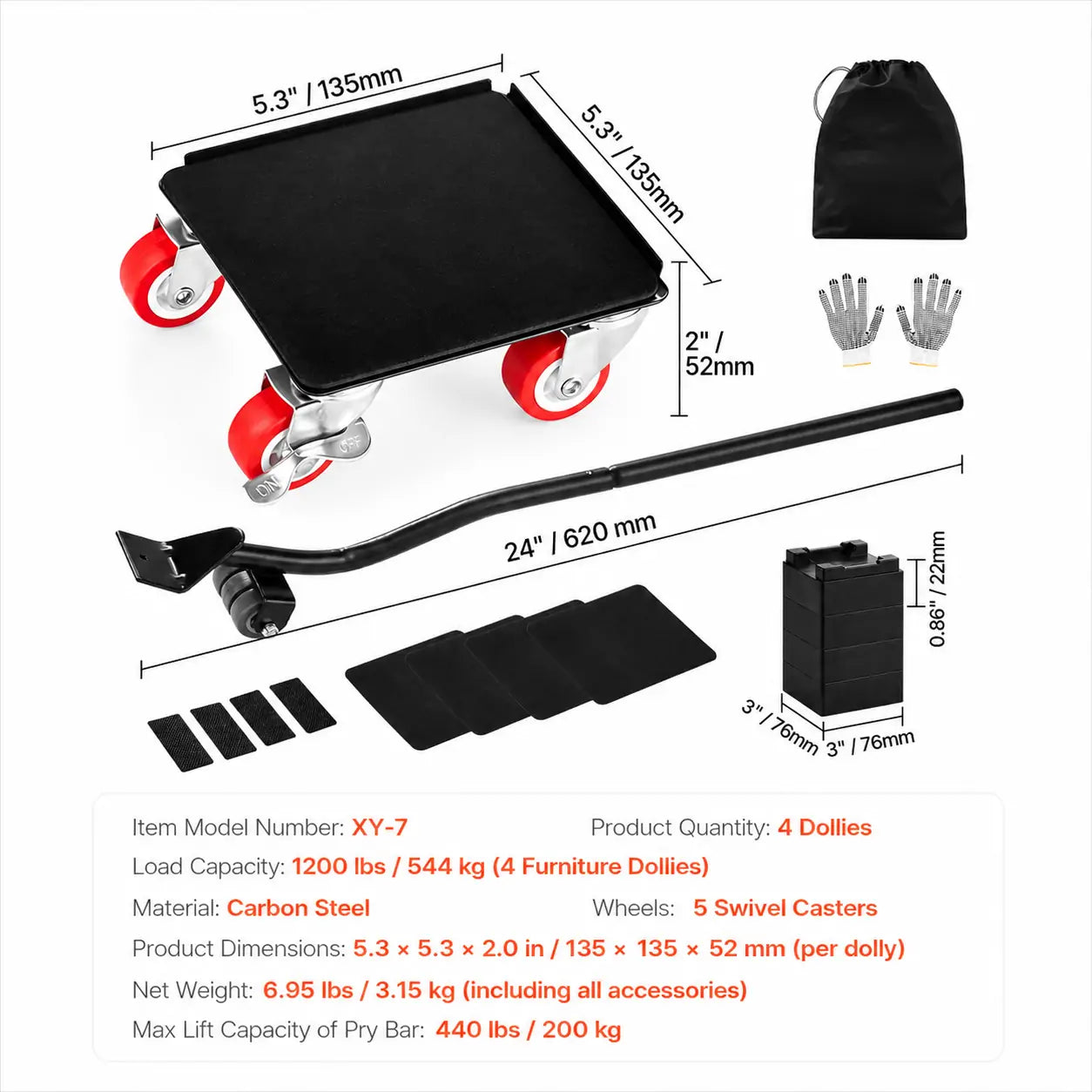 Furniture Dolly Set, Heavy Duty Furniture Movers with 5 x 360° Wheels, Carbon Steel Moving Sliders with Pry Bar for Sofa, Refrigerator, Washing Machine