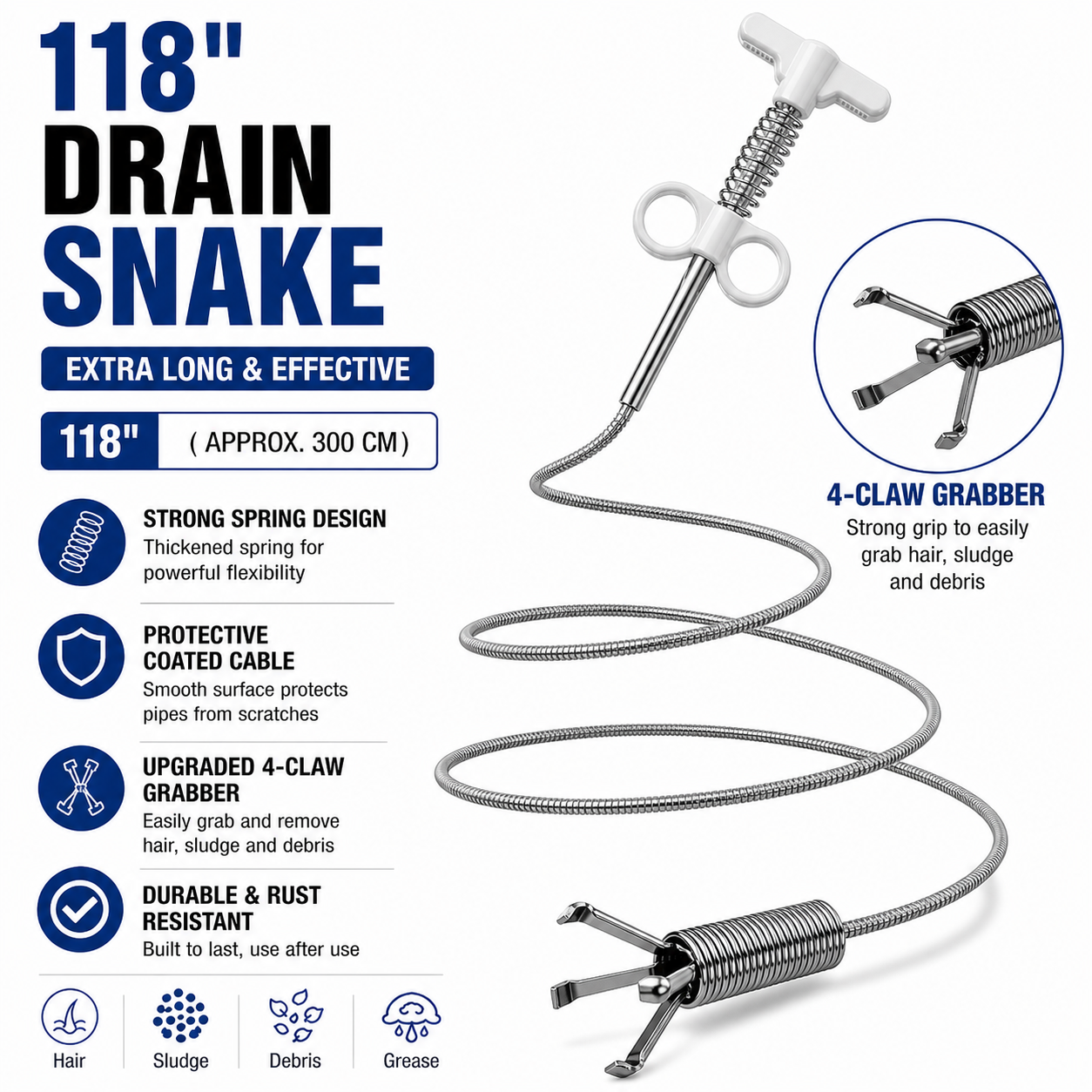 Drain Snake 4-Claw Drain Clog Remover Tool – Flexible Drain Cleaner & Gutter Cleaning Tool