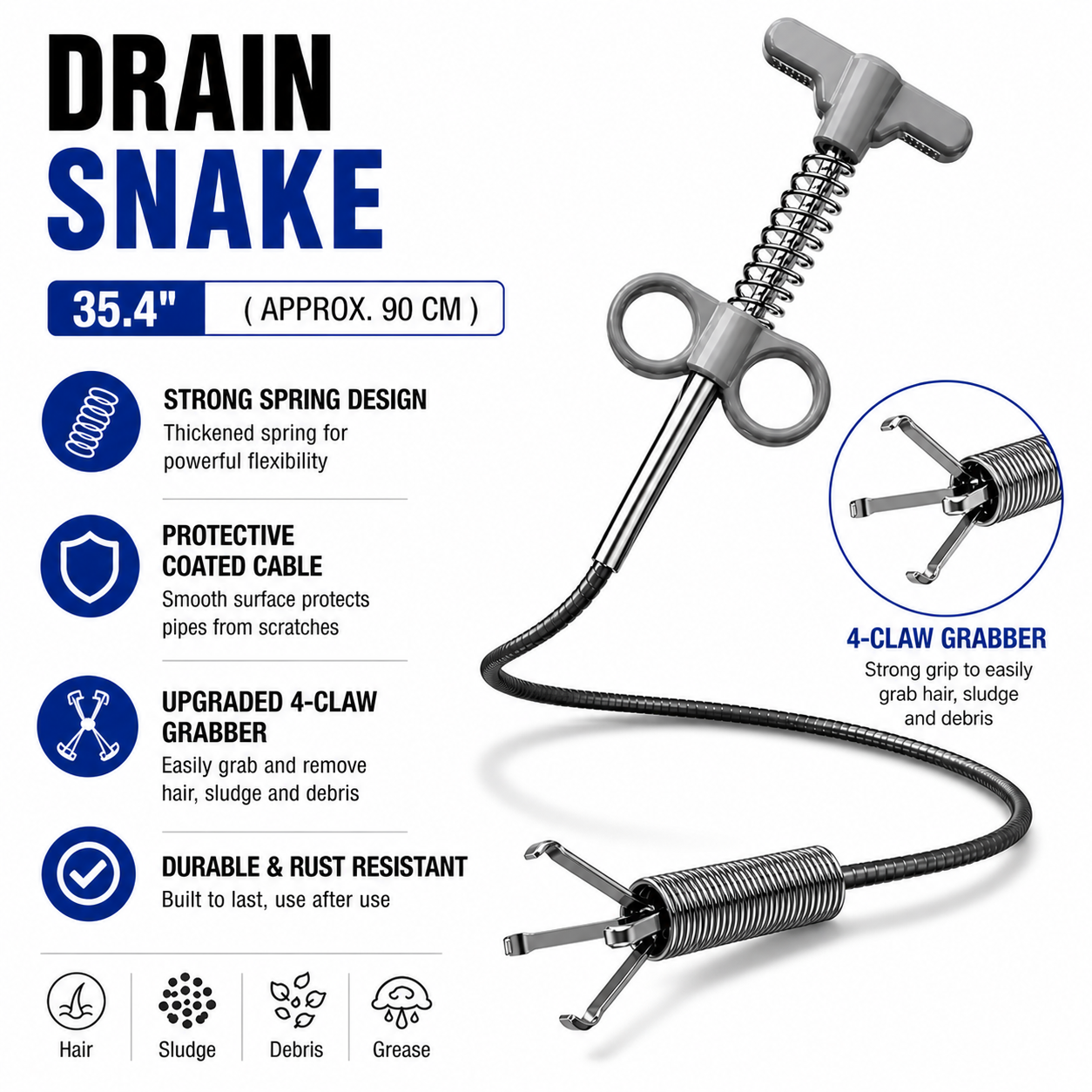 Drain Snake 4-Claw Drain Clog Remover Tool – Flexible Drain Cleaner & Gutter Cleaning Tool