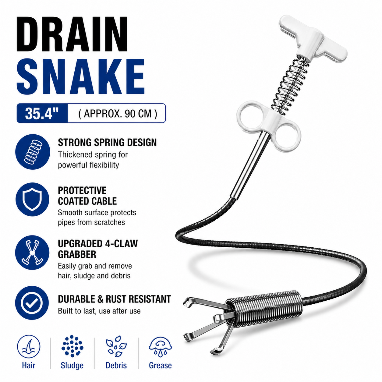 Drain Snake 4-Claw Drain Clog Remover Tool – Flexible Drain Cleaner & Gutter Cleaning Tool