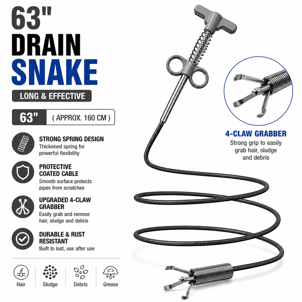 Drain Snake 4-Claw Drain Clog Remover Tool – Flexible Drain Cleaner & Gutter Cleaning Tool