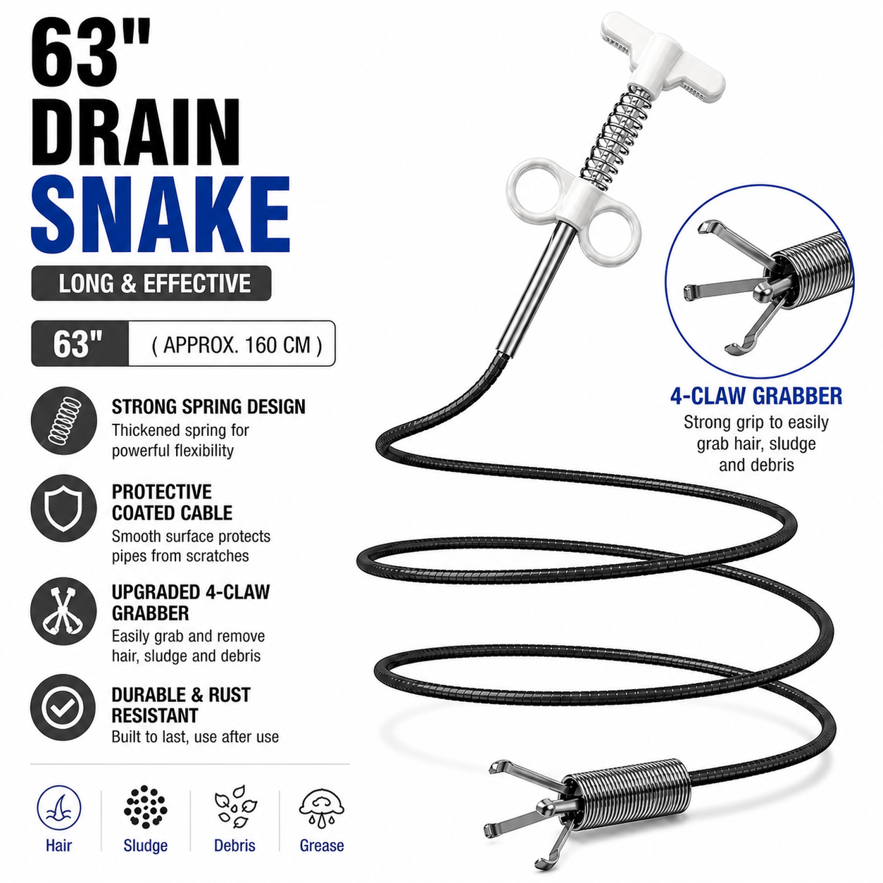 Drain Snake 4-Claw Drain Clog Remover Tool – Flexible Drain Cleaner & Gutter Cleaning Tool