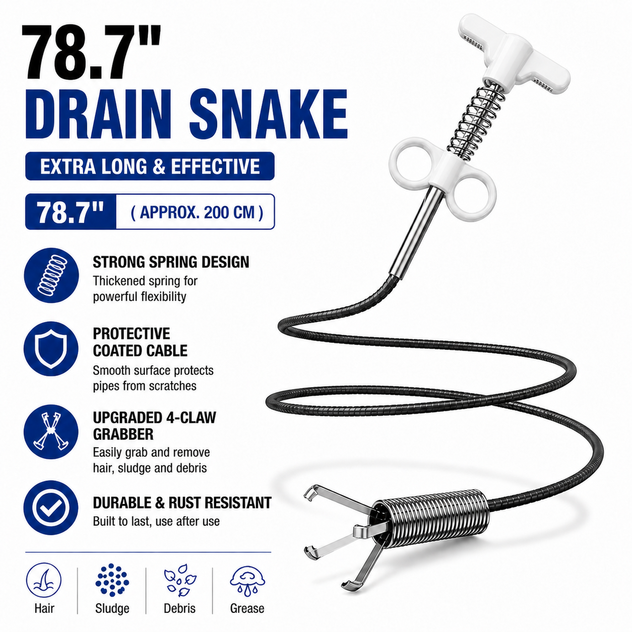 Drain Snake 4-Claw Drain Clog Remover Tool – Flexible Drain Cleaner & Gutter Cleaning Tool