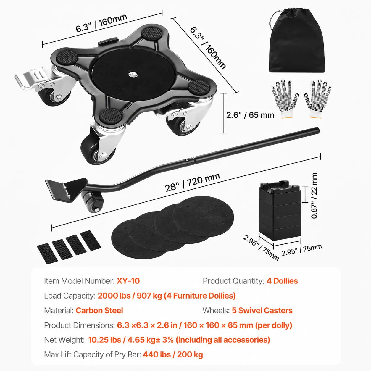Furniture Dolly Set, Heavy Duty Furniture Movers with 5 x 360° Wheels, Carbon Steel Moving Sliders with Pry Bar for Sofa, Refrigerator, Washing Machine