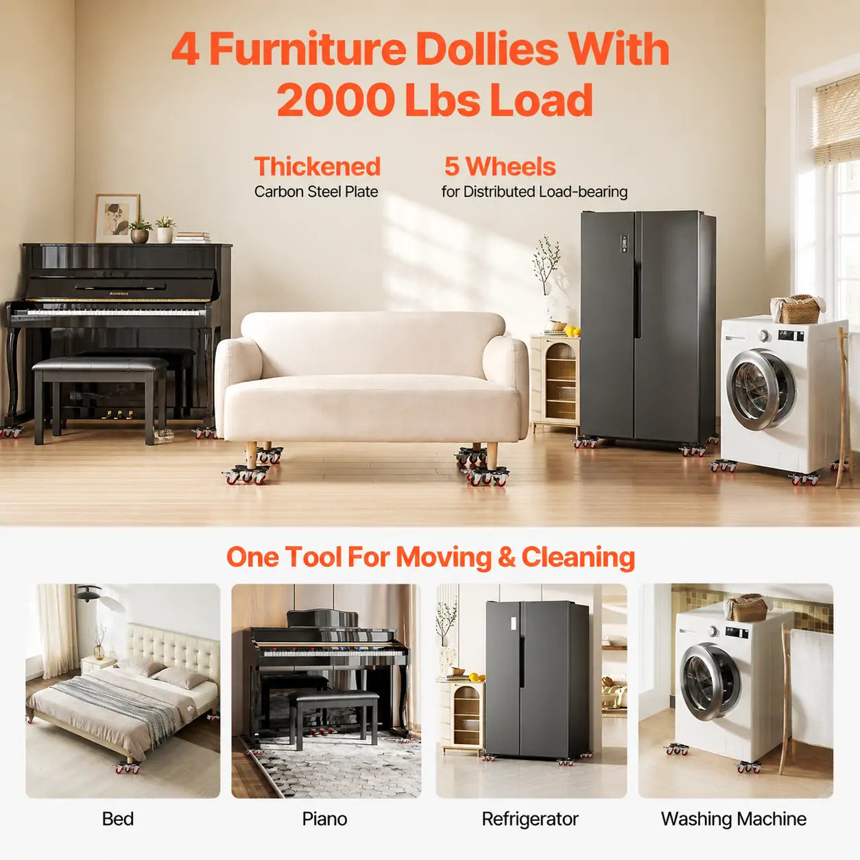 Furniture Dolly Set, Heavy Duty Furniture Movers with 5 x 360° Wheels, Carbon Steel Moving Sliders with Pry Bar for Sofa, Refrigerator, Washing Machine