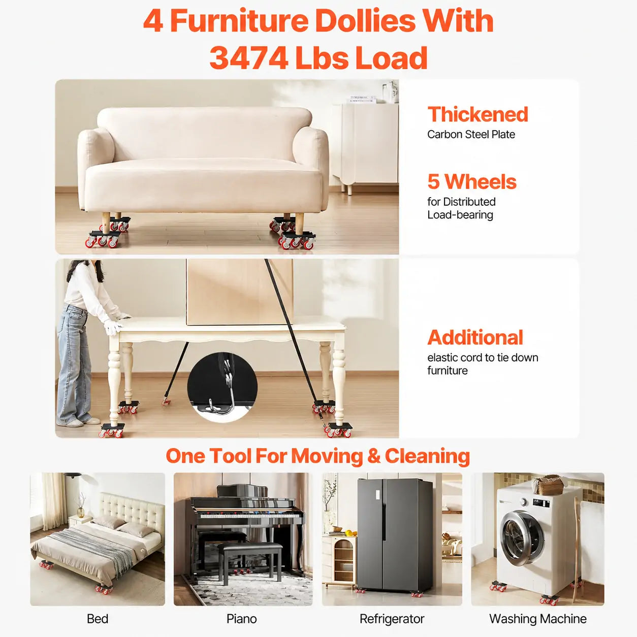Furniture Dolly Set, Heavy Duty Furniture Movers with 5 360° Wheels, Carbon Steel Moving Sliders Kit with Pry Bar for Sofa, Refrigerator, Washing Machine