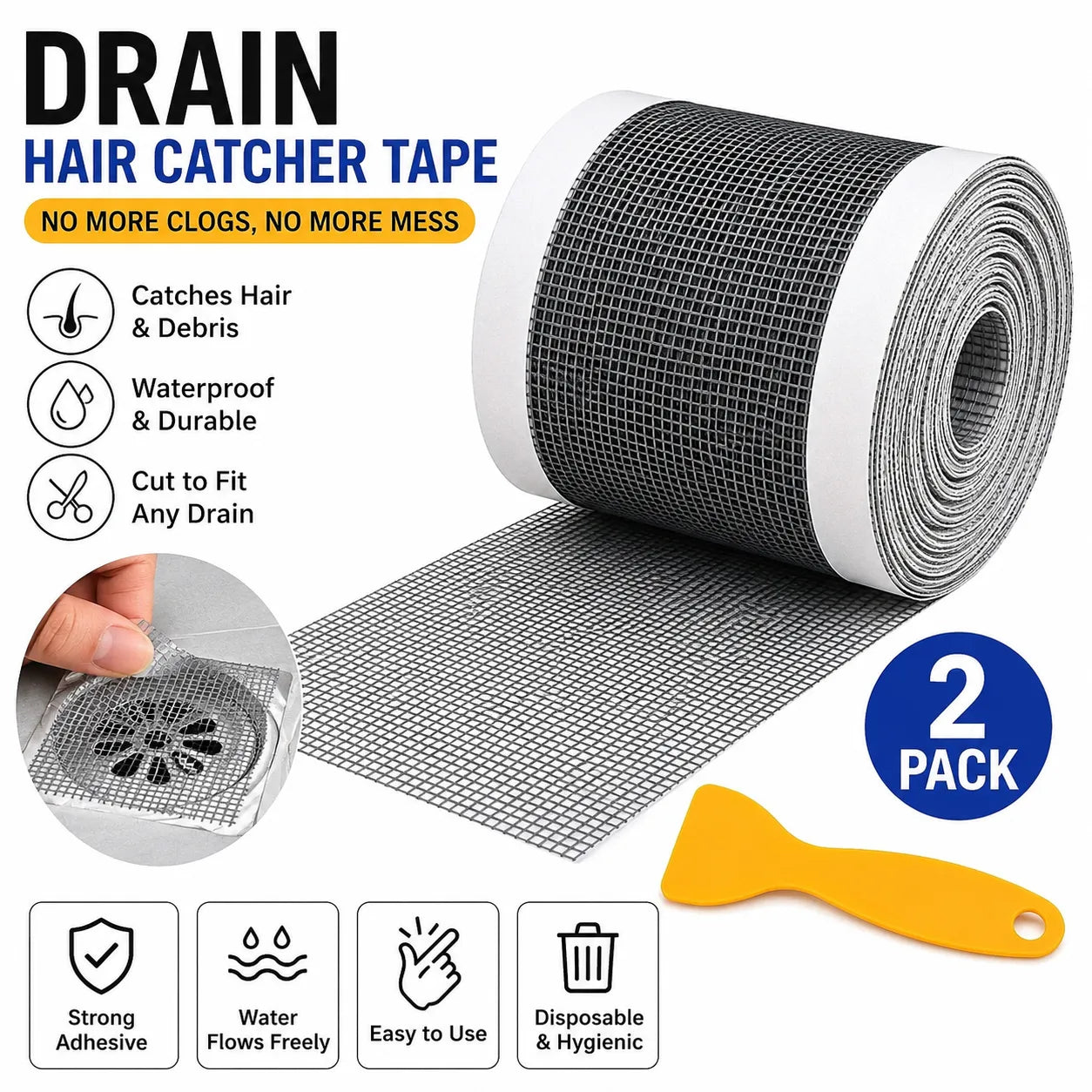 2-Pack 5cm X 7m Bathroom Drain Hair Catcher, Waterproof Shower Floor Mesh Tape, Kitchen Sink Strainer Sticker, Insect Clog Prevention